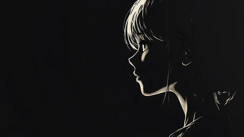 Anime girl silhouette holds narrow light in deep shadow