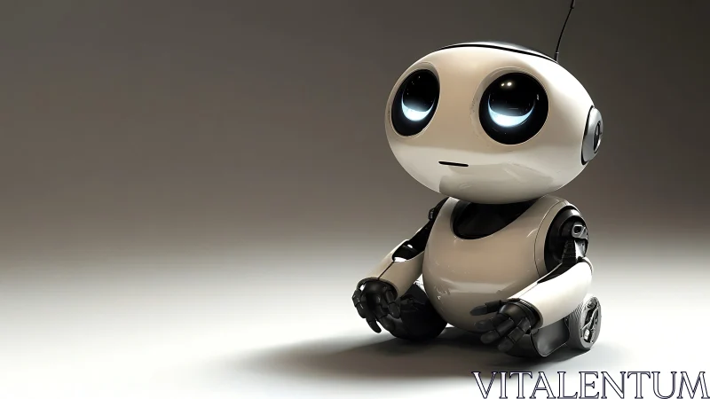 Small white robot sits alone on smooth neutral floor.