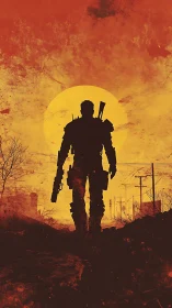 Silhouette wanderer against apocalyptic sunset field of view.