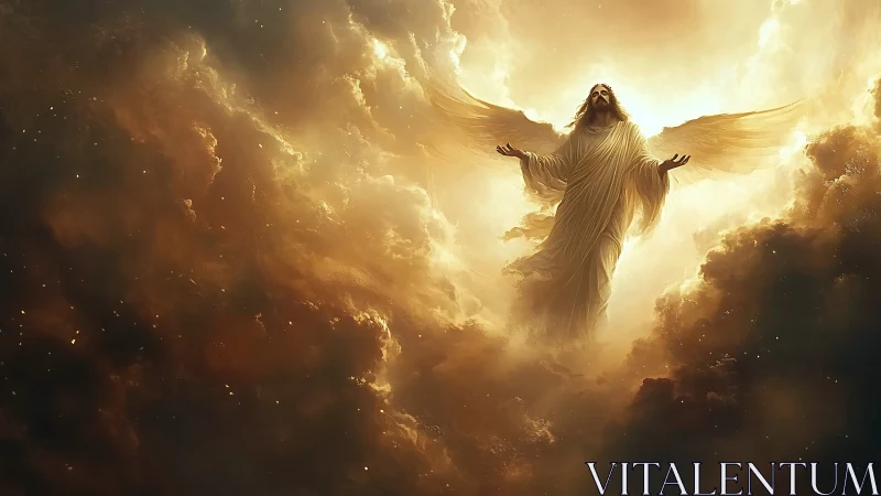 Radiant winged figure rising through molten golden clouds.