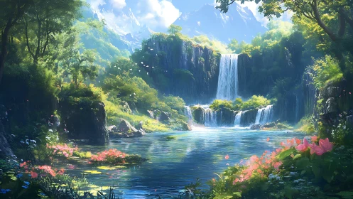 Lush alpine valley frames cascading multi-tier waterfall pool