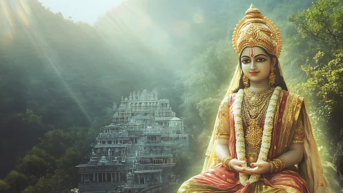 Hindu goddess statue before hillside temple complex. Period.