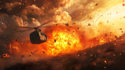 Gunship dives through sun-bright inferno of flying shrapnel.