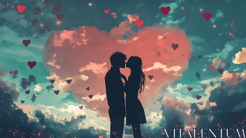 Silhouetted couple kissing against heart-shaped cloud.
