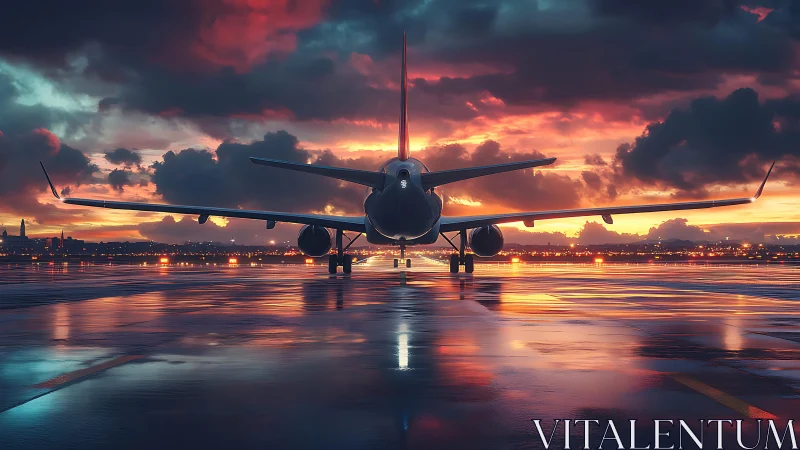 Sunset runway moment with a waiting airplane before flight.