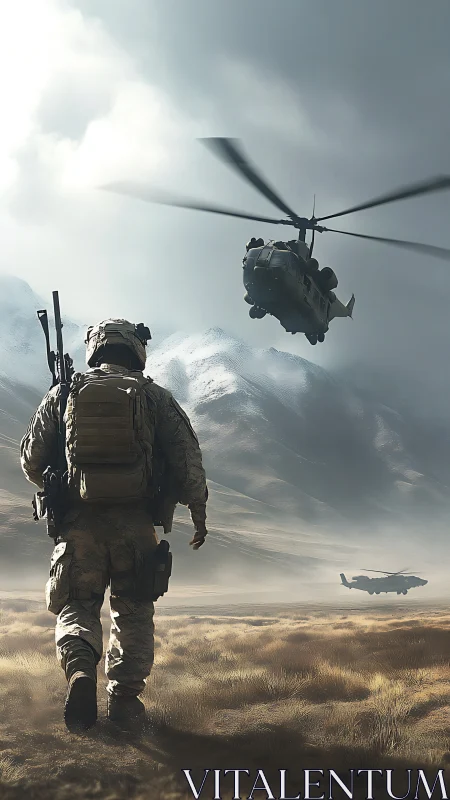 Lone soldier strides toward roaring helicopters and steel peaks.