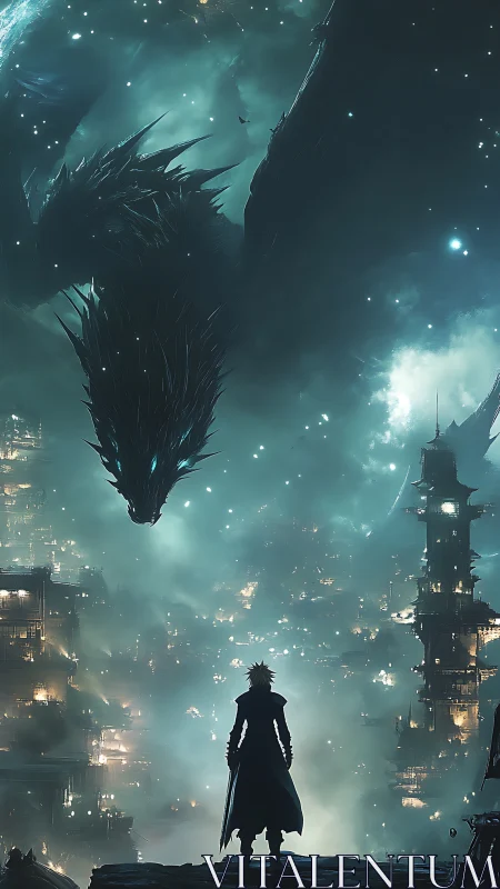 Starlit dragon descends on neon spires and lone warrior.