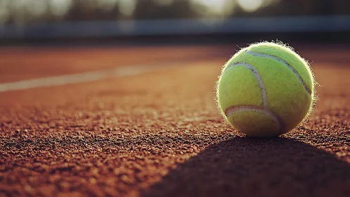 Tennis ball on clay court in low angled evening light.