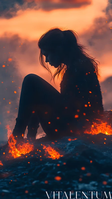 Silhouetted Woman Among Flames and Embers at Dusk