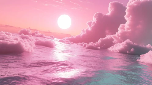 Hyperreal pink ocean horizon with volumetric cotton clouds