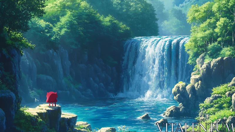 Cartoon figure observing wide waterfall in forest valley.