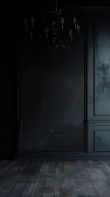 Low-key dark interior with ornate chandelier and paneled wall