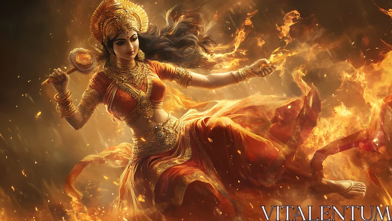 Female figure in ornate armor amid dynamic fire effects.