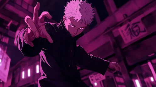 White-haired anime figure in dark alleyway under magenta light.