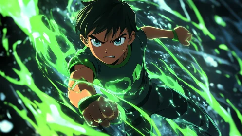 Animated boy moves forward through green energy streams