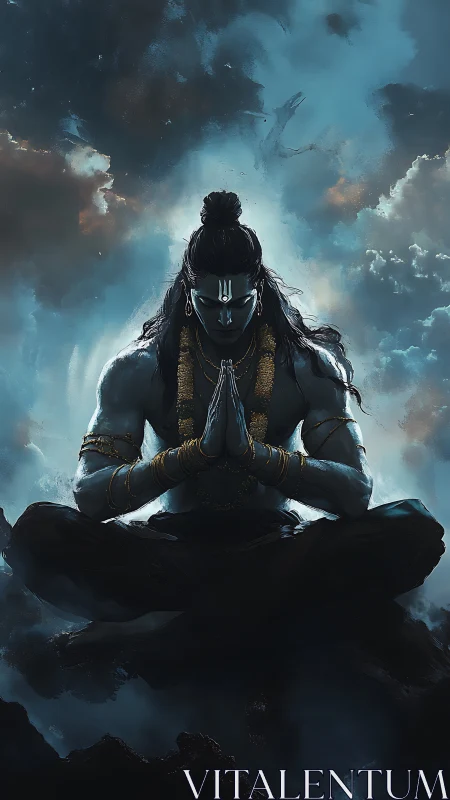 Divine blue yogi meditates amid storm-lit celestial clouds.