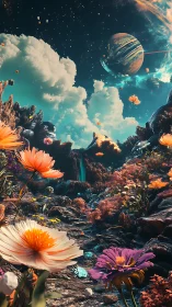 Alien wildflower valley under luminous ringed planet sky