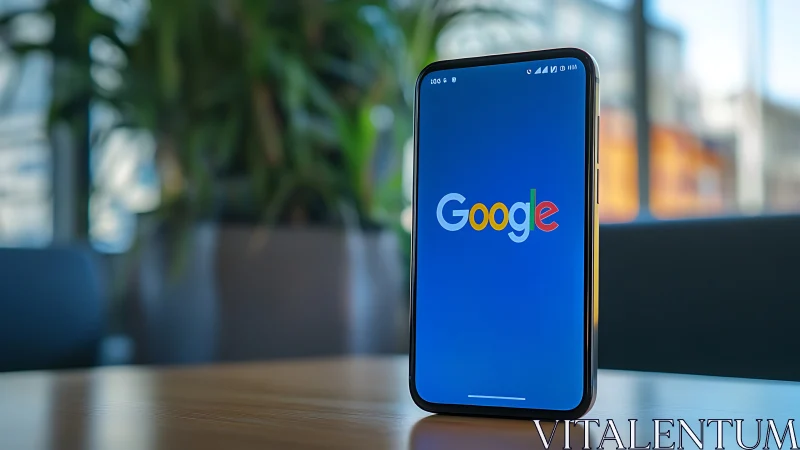 Android Smartphone with Google Logo Display on Wooden Desk Surface