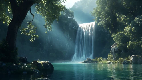 Whispering emerald waterfall cradled in enchanted forest cove.