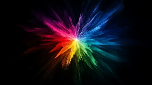 Prismatic color burst erupts from darkness in radial motion.