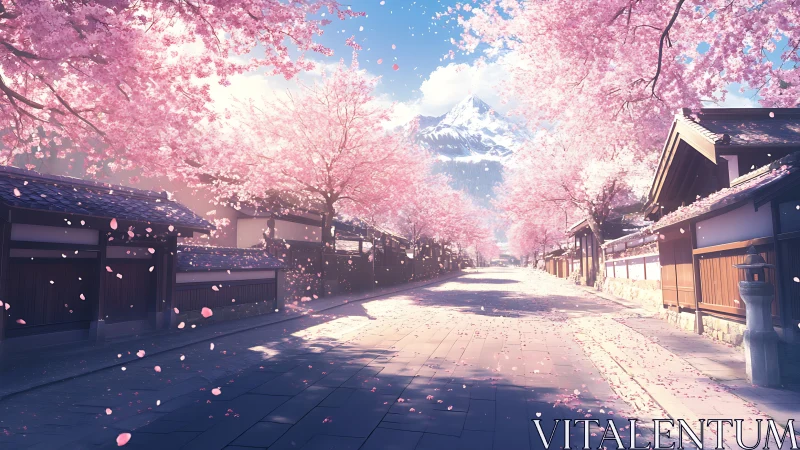 Sakura-lined traditional street under distant snowcapped peak.