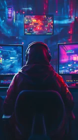 Cyberpunk hacker commands neon-lit multi-screen control hub.