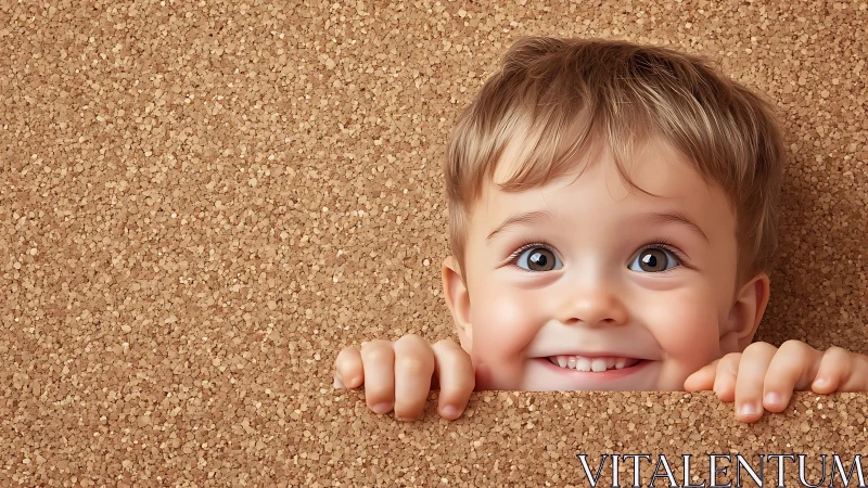 Toddler Peering Over Cork Surface with Smile