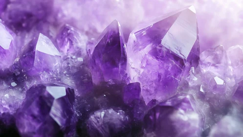 Cluster of purple quartz crystals in close macro view.