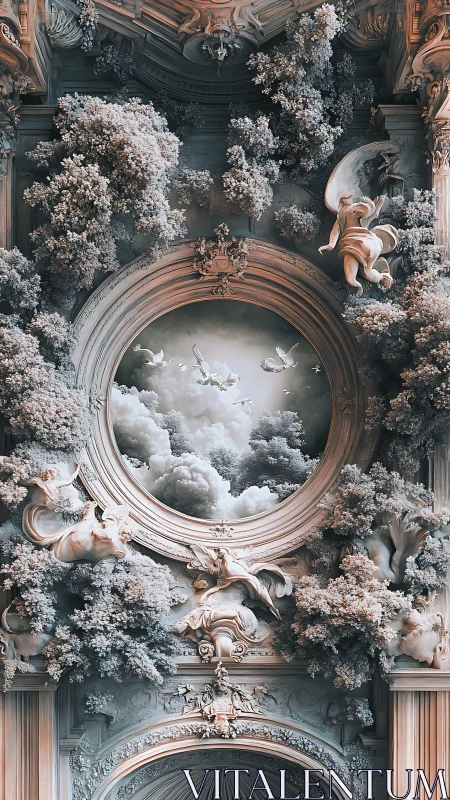 Baroque portal unfurls a cloudlit aviary above marble myth