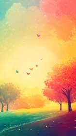 Digital painting of luminous gradient grove with butterflies.