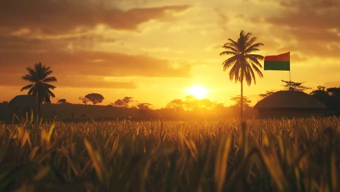 Golden rural sunset bathes palm trees, crops and village flag