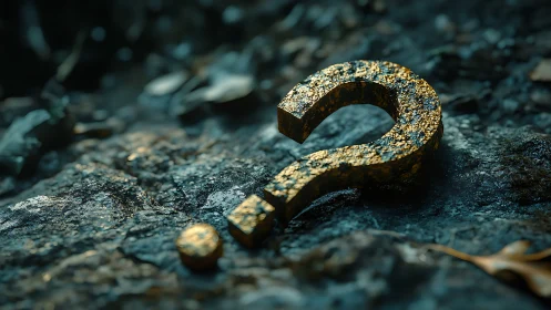 Rusty metallic question mark lies on textured rocky ground