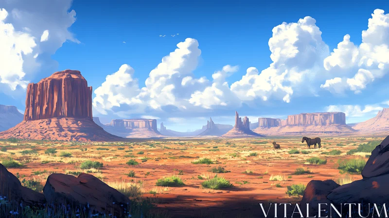 Vast desert plateau with buttes, clouds, and grazing horses.