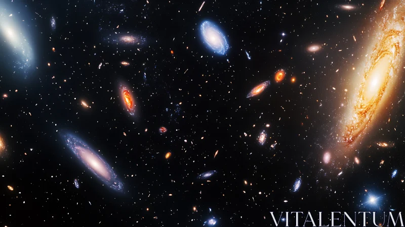Spiral galaxies drift through deep cosmic void panorama.