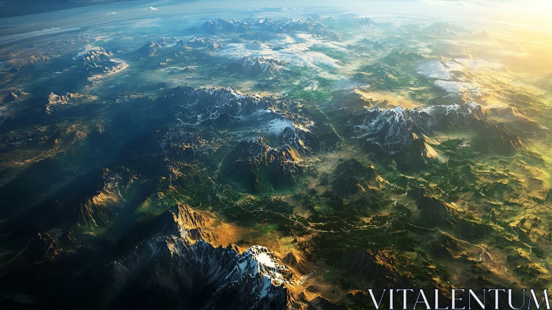 Sunlit mountain realms beneath a waking, curved horizon.