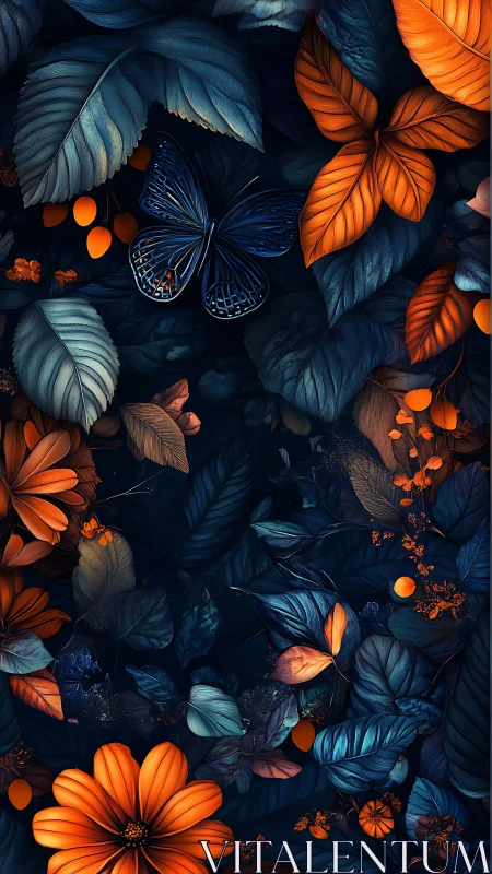 Blue butterfly rests among glowing orange floral foliage