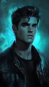 Stormlit rebel studies the neon horizon with quiet defiance