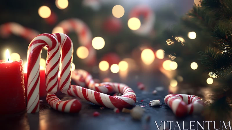 Festive close-up of striped peppermint candy canes and candle
