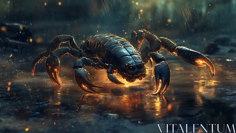 Bioluminescent cyber-scorpion advances through rain-soaked terrain