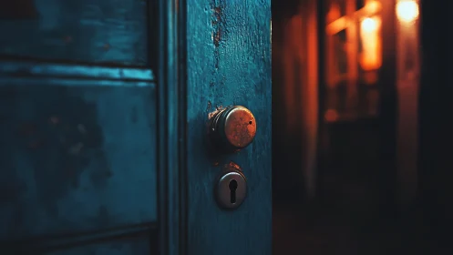 Weathered blue door stands ajar, inviting warm mystery within