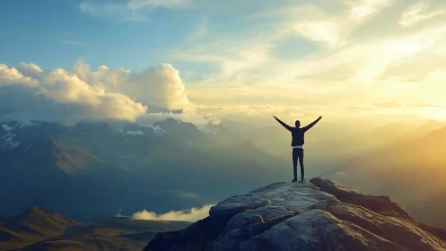 Backlit mountaintop silhouette under volumetric sunrise sky.