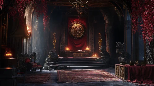 Fantasy throne hall with baroque drapery and dragon reliefs.