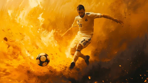 Soccer player in mid-air kick amid abstract orange field