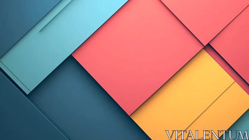 Geometric layered panels in teal, coral and yellow tones.