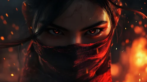 Incandescent-eyed warrior framed by embers and red fabric veil.