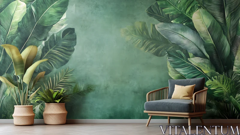 Botanical wall mural with mid-century lounger in teal interior.