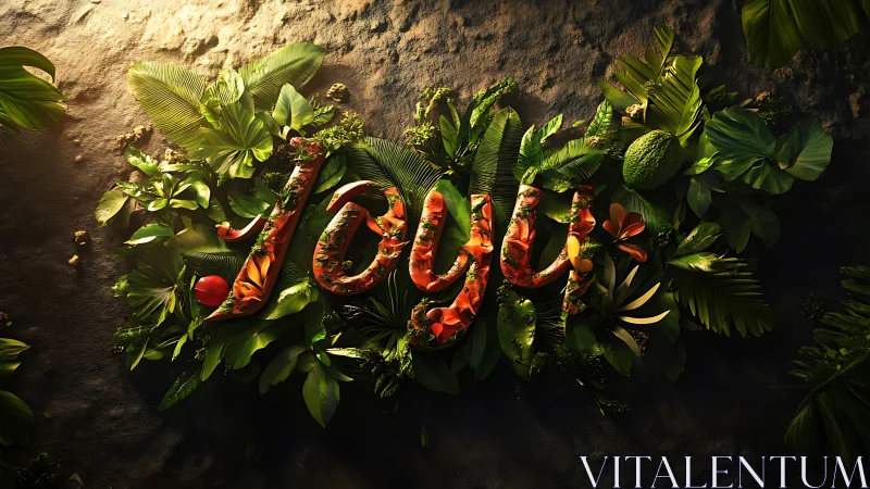Lush tropical &ldquo;Joy&rdquo; lettering glowing in warm sunlight.