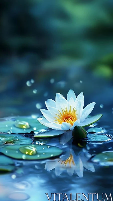 High-saturation macro study of single white water lily in pond