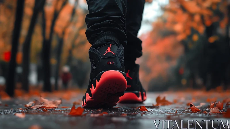 Person walks on wet path wearing black and red sneakers