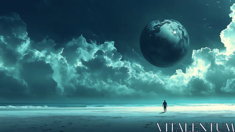 Solitary figures on shore beneath suspended planetary sphere.